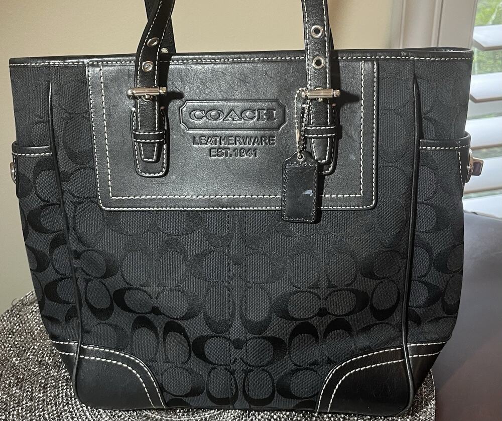 Coach Gallery Tote Shoulder Bag - Black Canvas Leather Trim White Stitching